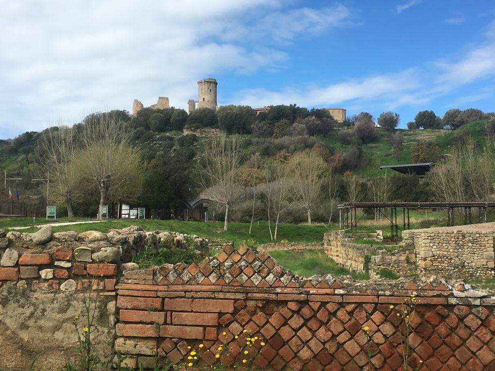 Decorative Roman wall and distant tower